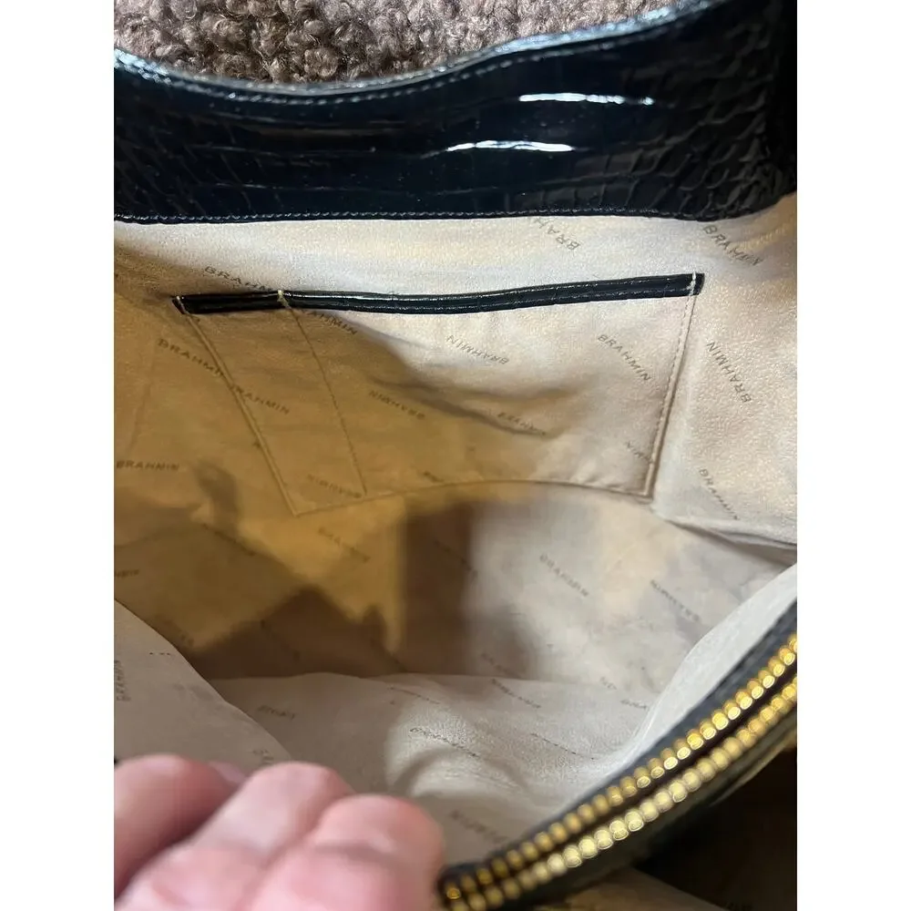 Brahmin Mallory Black Melborne Satchel With Gold Clasp Zipper Pocket EUC
